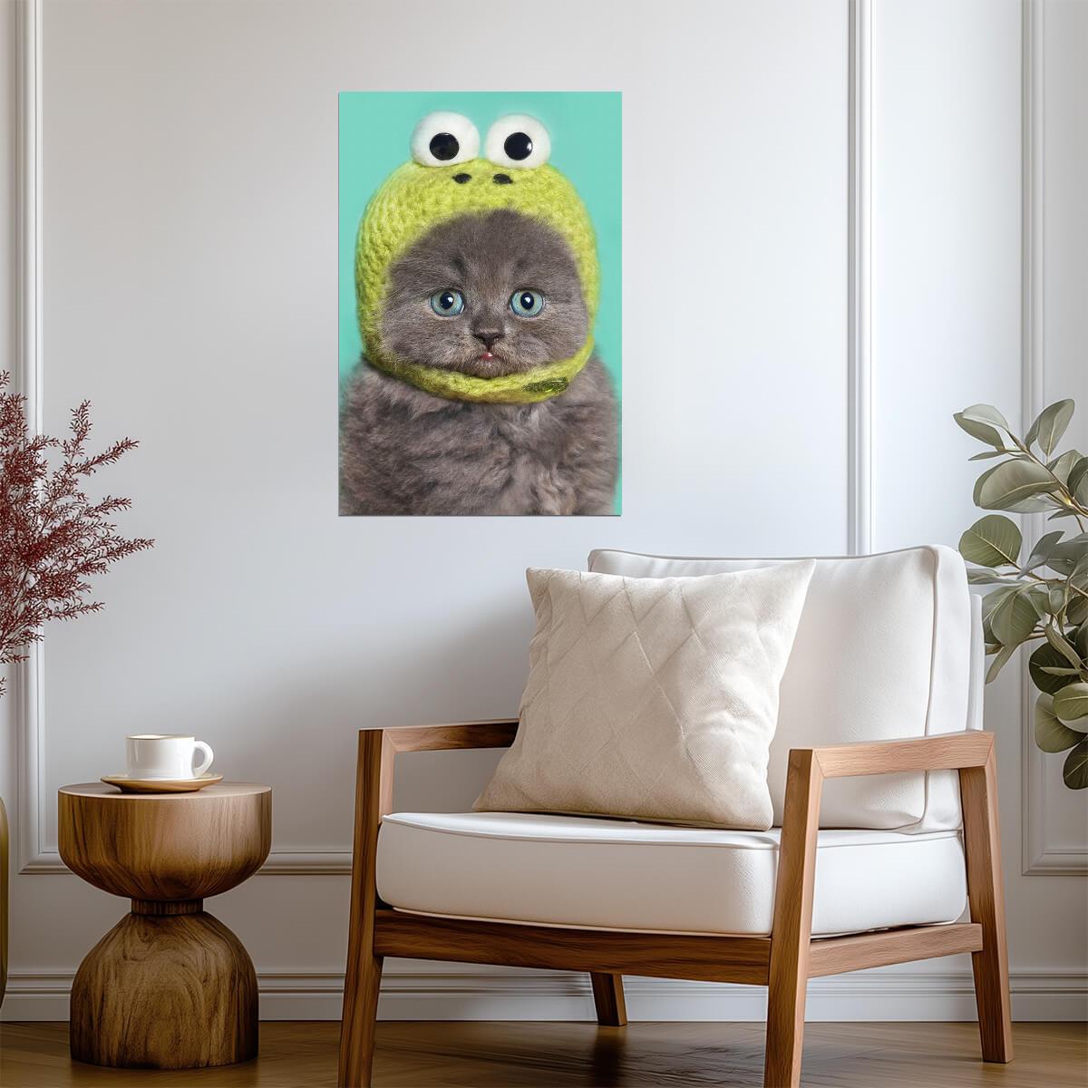 Funny Gray Kitten in a Green Frog Hat | Cute Animal Photography | Humorous Pet Poster - Photography Poster