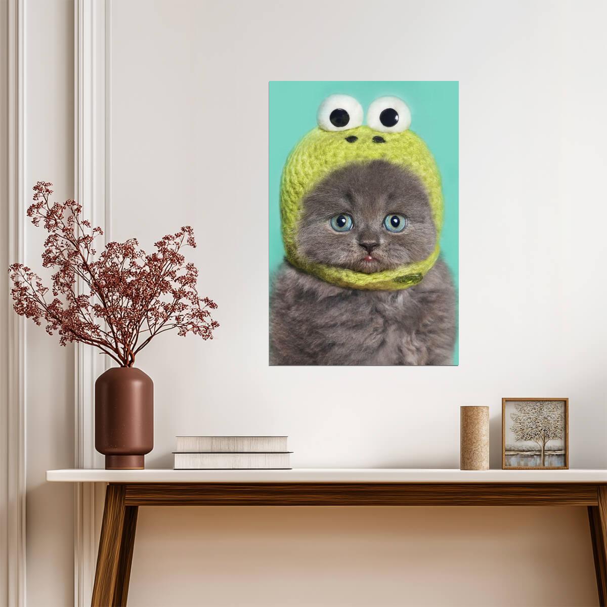 Funny Gray Kitten in a Green Frog Hat | Cute Animal Photography | Humorous Pet Poster - Photography Poster