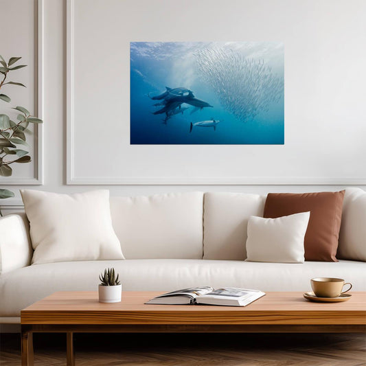 Dolphins Hunting a School of Sardines | Underwater Photography | Marine Wildlife Poster - Photography Poster
