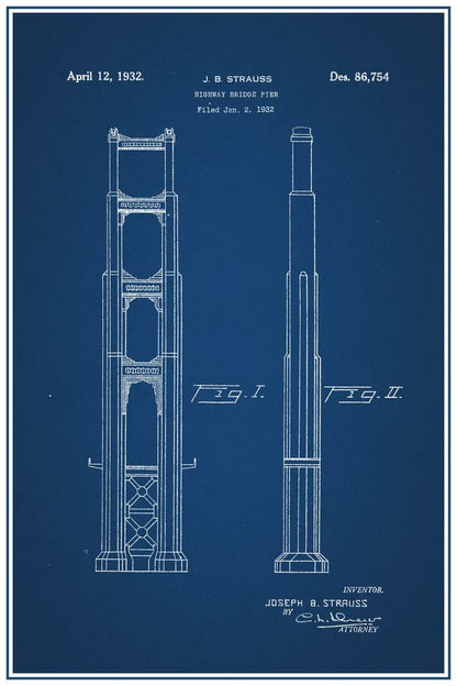 Golden Gate Bridge Patent Blueprint | Architectural Poster | San Francisco Wall Art - Vintage & Retro Poster