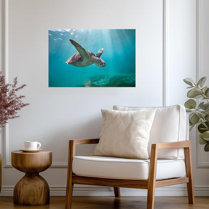 Green Sea Turtle Swimming Through Sun Rays | Underwater Photography | Marine Life Poster - Photography Poster