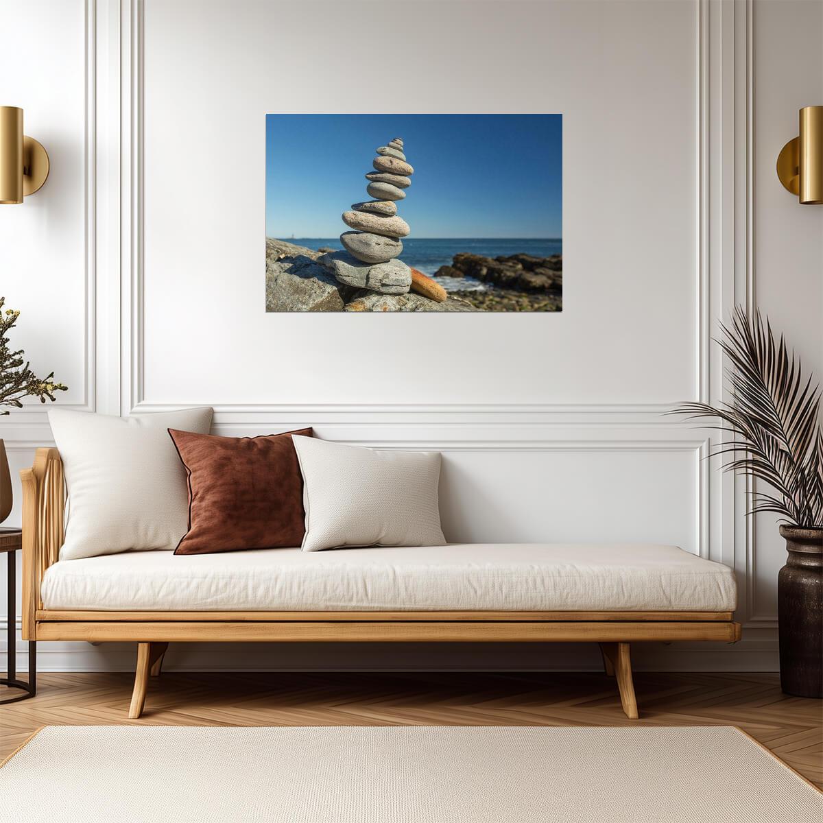 Cairn on the Shore in Portland Maine | Zen Rock Balancing Photography | Nature Poster - Photography Poster