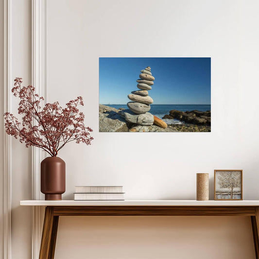 Cairn on the Shore in Portland Maine | Zen Rock Balancing Photography | Nature Poster - Photography Poster