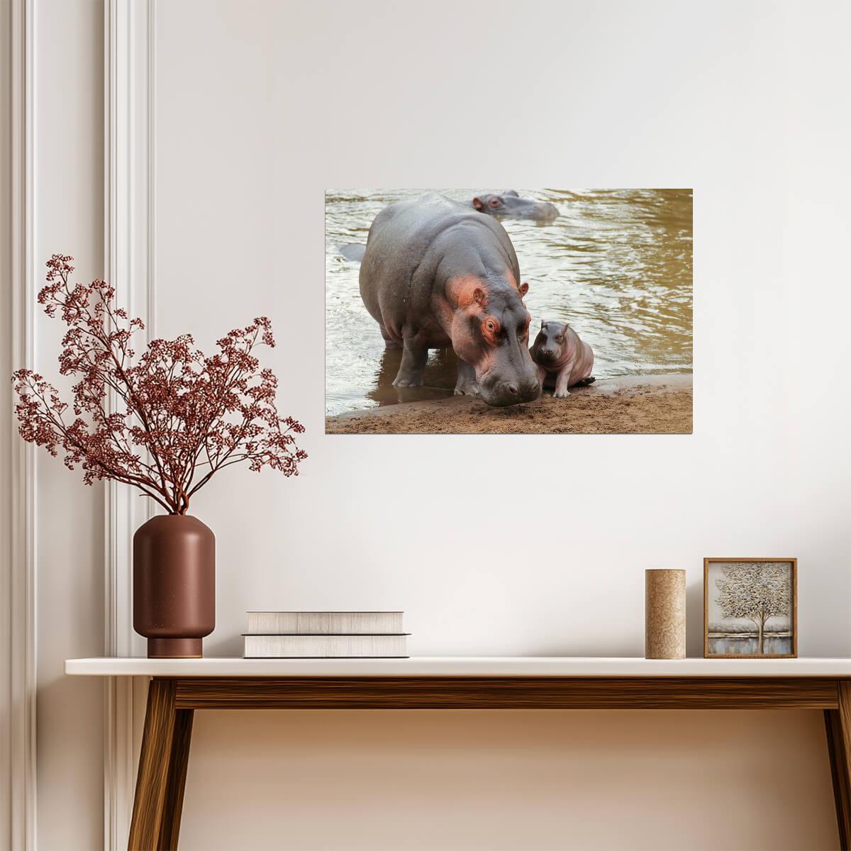 Mother Hippopotamus with Newborn Baby | Wildlife Photography | Animal Poster - Photography Poster