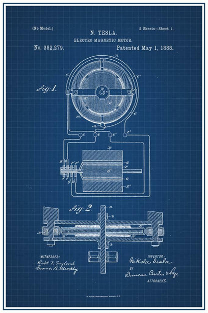 Nikola Tesla Electro Magnetic Motor Patent | 1888 Blueprint Poster | Science Wall Art - Vintage & Retro Poster