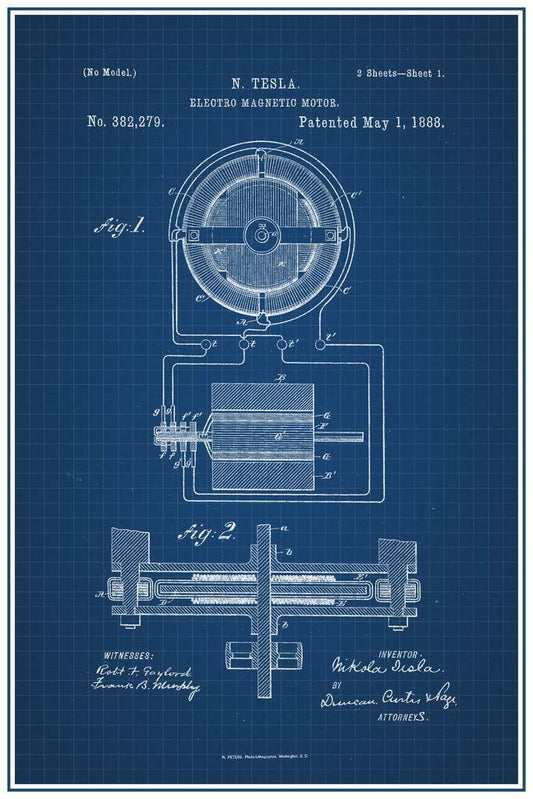 Nikola Tesla Electro Magnetic Motor Patent | 1888 Blueprint Poster | Science Wall Art - Vintage & Retro Poster