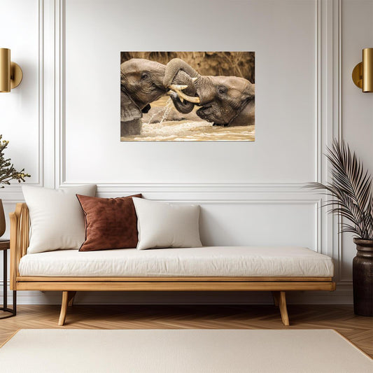 Young Elephants Wrestling | Wildlife Photography | Playful Animal Poster - Photography Poster