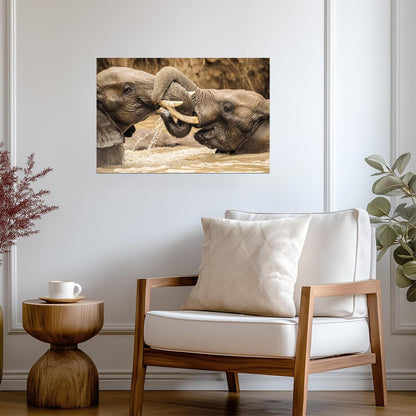 Young Elephants Wrestling | Wildlife Photography | Playful Animal Poster - Photography Poster