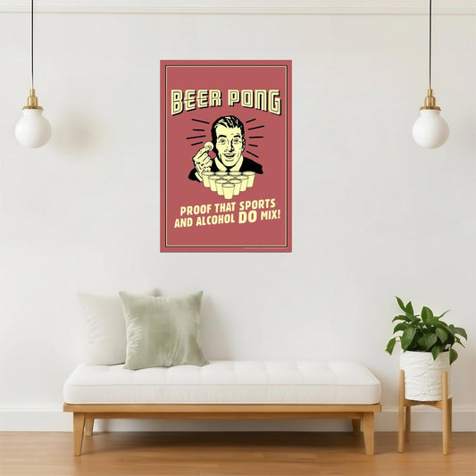 Beer Pong Sports and Alcohol Poster | Funny Retro Humor | Man Cave Wall Art