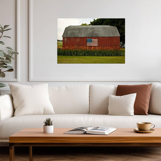 American Flag on a Rural Red Barn | Patriotic Photography | Americana Poster - Photography Poster