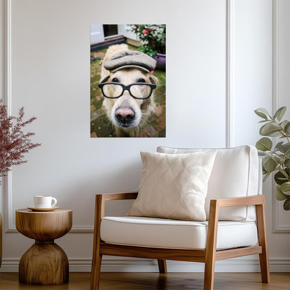 Dog Wearing a Flat Cap and Glasses | Funny Animal Photography | Humorous Pet Poster - Photography Poster