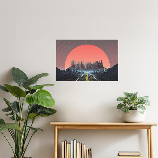 Retro 80s Digital City Poster | Vaporwave Aesthetic | Sunset Art Print