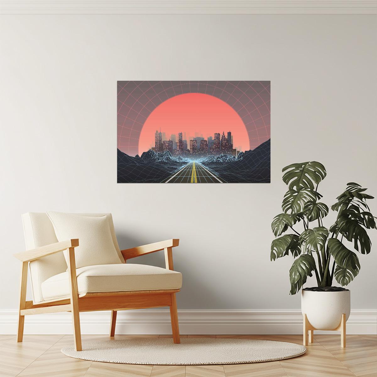 Retro 80s Digital City Poster | Vaporwave Aesthetic | Sunset Art Print