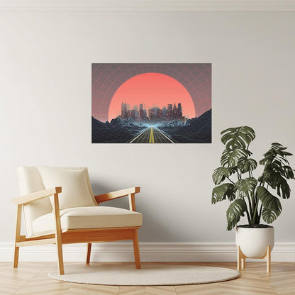 Retro 80s Digital City Poster | Vaporwave Aesthetic | Sunset Art Print