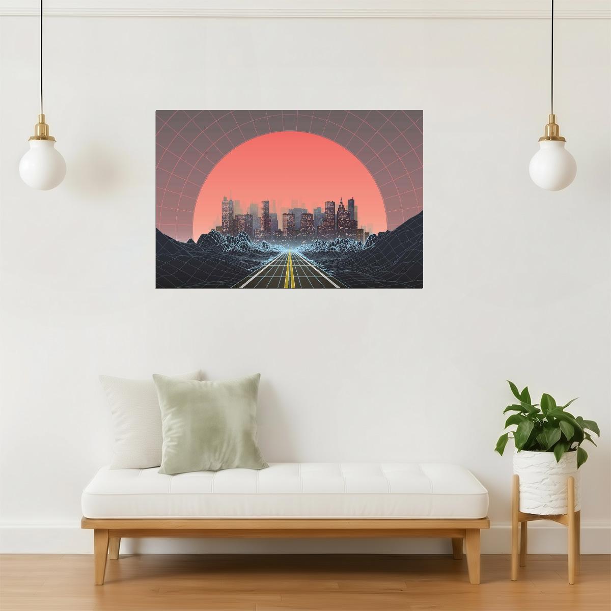 Retro 80s Digital City Poster | Vaporwave Aesthetic | Sunset Art Print