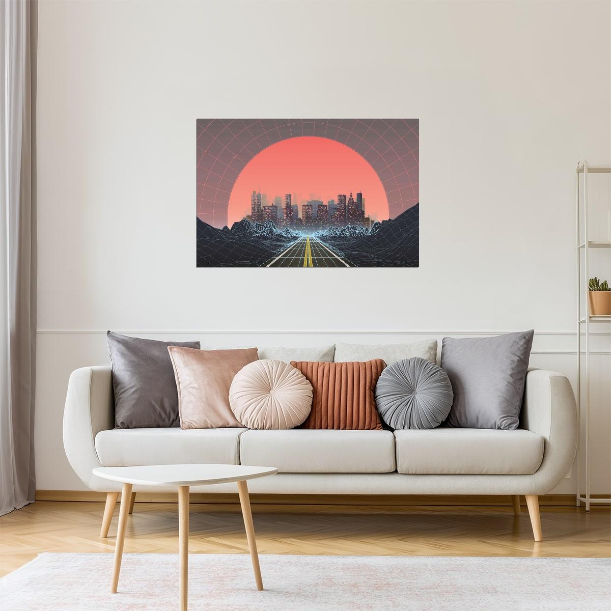 Retro 80s Digital City Poster | Vaporwave Aesthetic | Sunset Art Print
