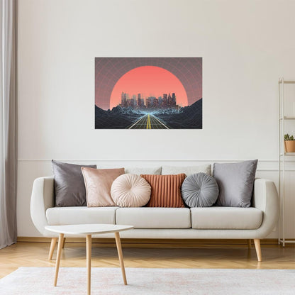 Retro 80s Digital City Poster | Vaporwave Aesthetic | Sunset Art Print
