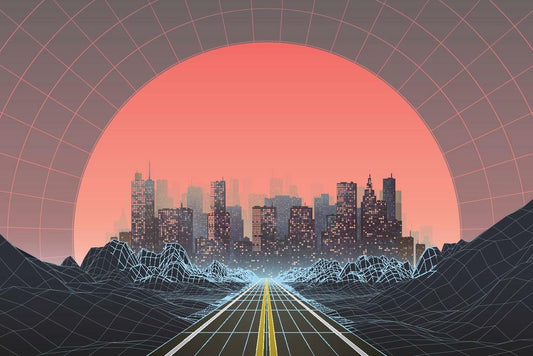 Retro 80s Digital City Poster | Vaporwave Aesthetic | Sunset Art Print