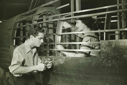 Man and Woman in an Airplane Factory | WWII Era Black and White Photo | Historical Poster - Vintage & Retro Poster