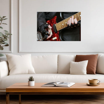 Guitarist Playing Red Electric Guitar | Rock Music Photography Poster | Close-Up Frets Wall Art - Music Poster