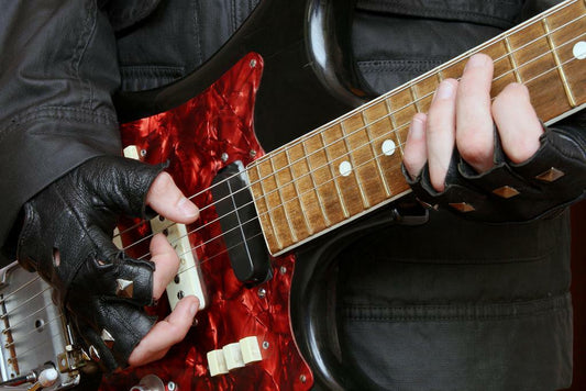 Guitarist Playing Red Electric Guitar | Rock Music Photography Poster | Close-Up Frets Wall Art - Music Poster