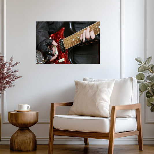 Guitarist Playing Red Electric Guitar | Rock Music Photography Poster | Close-Up Frets Wall Art - Music Poster