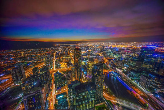 Aerial View of Melbourne Australia at Dusk | Blue Hour Cityscape Photography | Urban Poster - Photography Poster