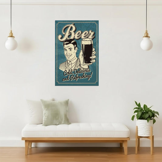 Cold Delicious Refreshing Beer Poster | Retro Style Sign | Bar Wall Art