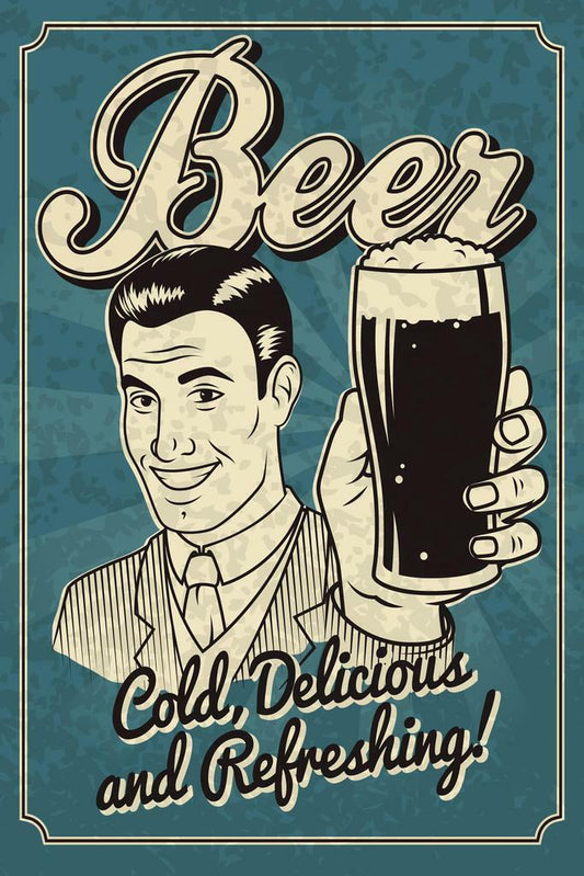 Cold Delicious Refreshing Beer Poster | Retro Style Sign | Bar Wall Art