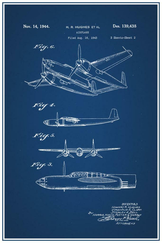 Howard Hughes Flying Boat Patent | H-4 Hercules Blueprint | Aviation History Poster - Vintage & Retro Poster