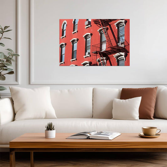 Red Building Facade with Fire Escape | New York Architecture Photography | Urban Poster - Photography Poster