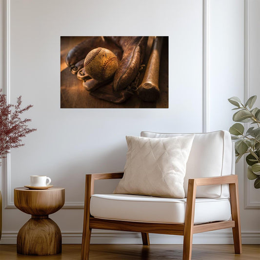 Vintage Baseball Glove and Bat | Retro Sports Photography | Nostalgic Wall Art Poster - Sports Poster