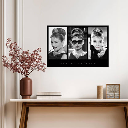 Audrey Hepburn Triptych | Classic Movie Poster | Black and White Portrait Art