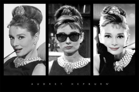 Audrey Hepburn Triptych | Classic Movie Poster | Black and White Portrait Art