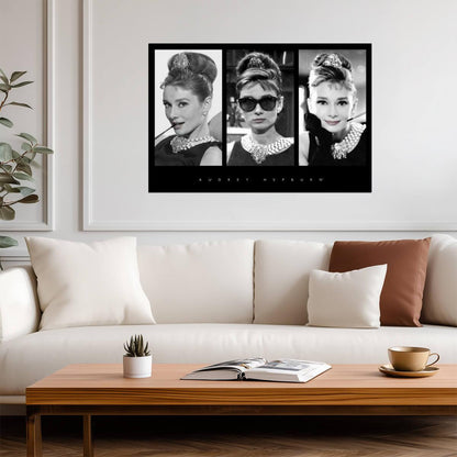Audrey Hepburn Triptych | Classic Movie Poster | Black and White Portrait Art