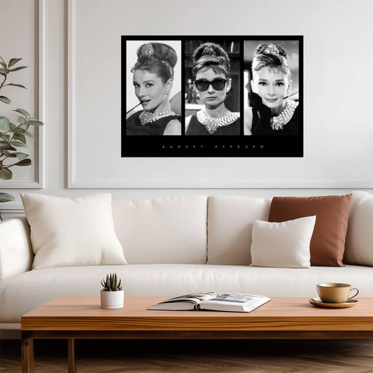 Audrey Hepburn Triptych | Classic Movie Poster | Black and White Portrait Art