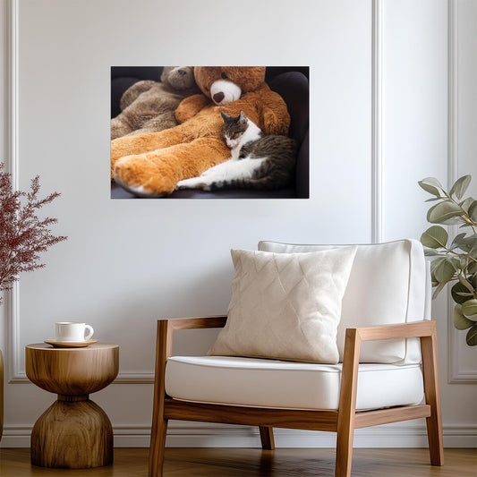 Sweet Cat Sleeping Near a Teddy Bear | Cute Animal Photography | Pet Poster - Photography Poster