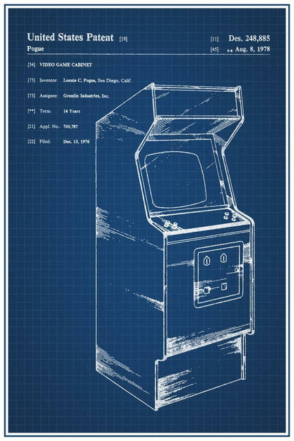 Vintage Arcade Cabinet Patent | Retro Gaming Poster | 80s Gamer Blueprint Art