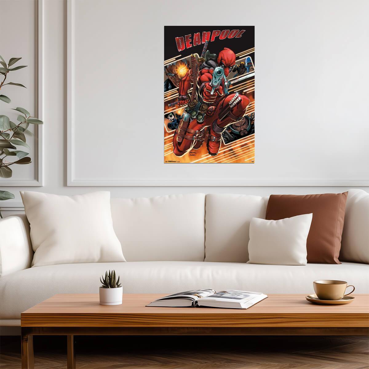 Deadpool in Action with Gun | Comic Book Art | Superhero Poster - Graphic & Art Poster