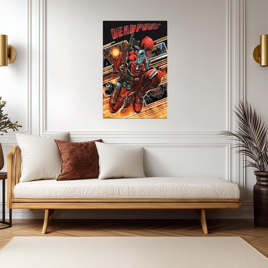 Deadpool in Action with Gun | Comic Book Art | Superhero Poster - Graphic & Art Poster