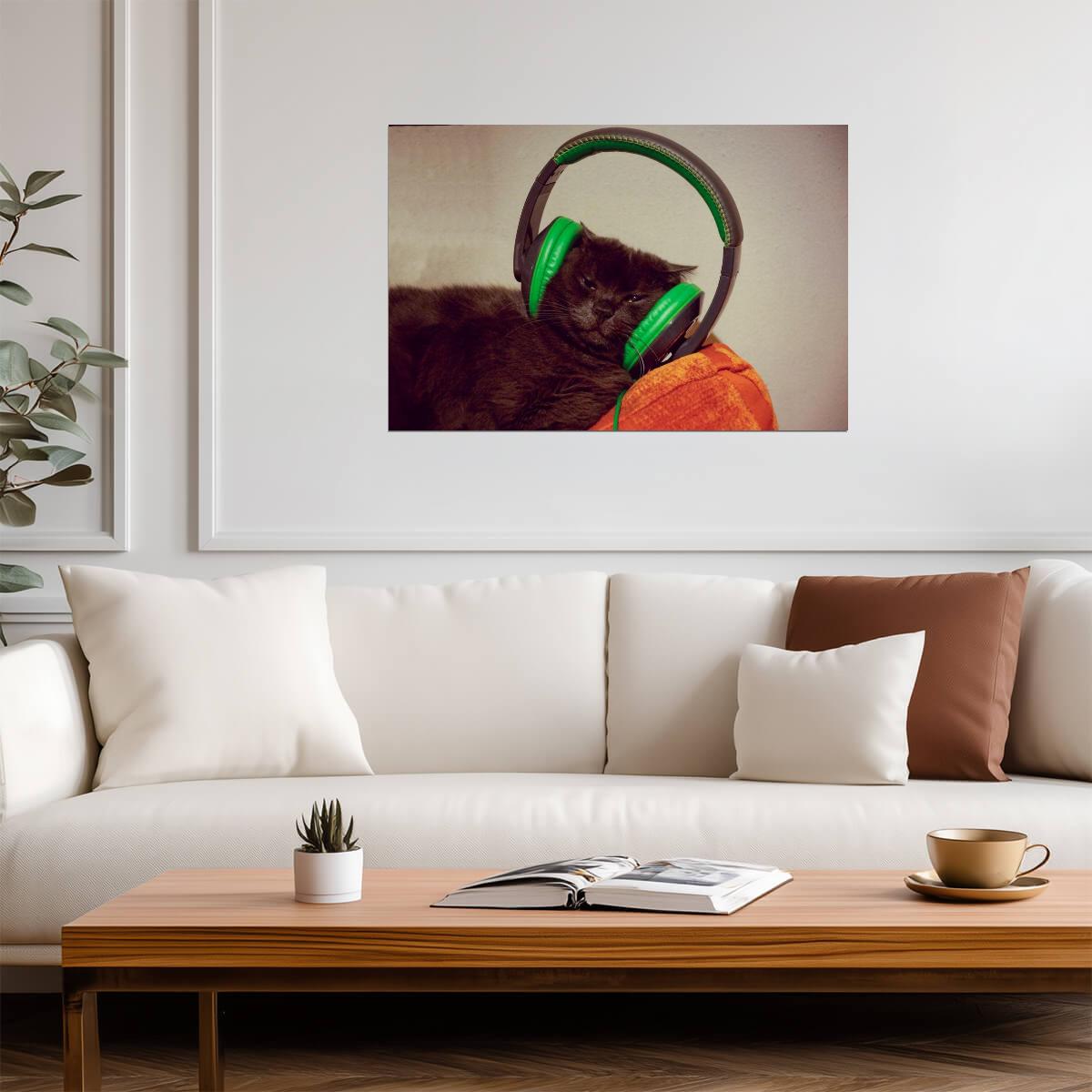 Cool Cat with Headphones | Funny Animal Photography | Humorous Pet Poster - Photography Poster