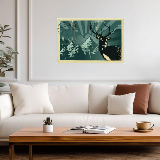 Red Deer Vintage Postcard | Retro Style Art Print | Wildlife Wall Decor Poster - Graphic & Art Poster