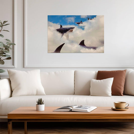 Sharks Floating in the Clouds | Surreal Art Print | Whimsical Animal Poster - Graphic & Art Poster