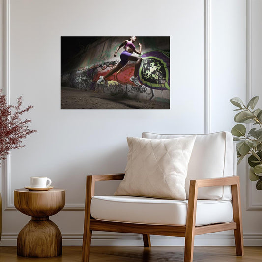 Woman Running Mid-Air on a Beach | Fitness Photography | Inspirational Sports Poster - Sports Poster