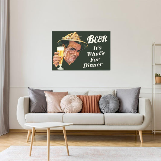 Beer It's What's For Dinner Poster | Funny Retro Humor | Kitchen & Bar Decor