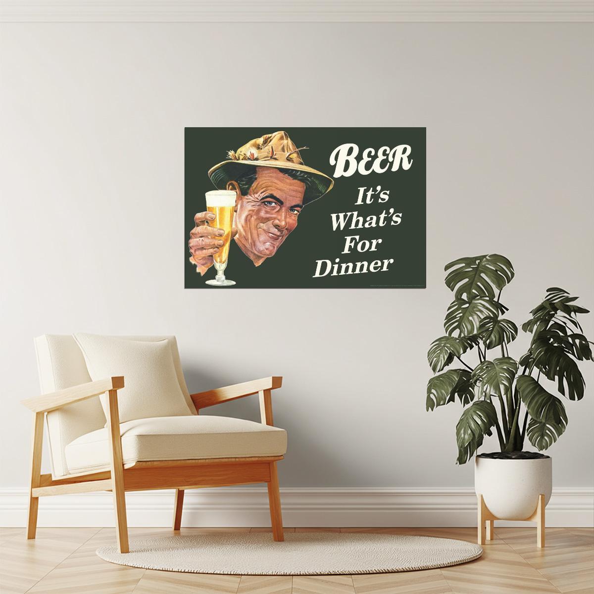 Beer It's What's For Dinner Poster | Funny Retro Humor | Kitchen & Bar Decor