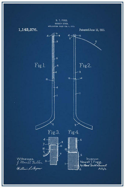 Vintage Hockey Stick Patent Blueprint | 1915 Sports Diagram | Ice Hockey Art Poster - Vintage & Retro Poster