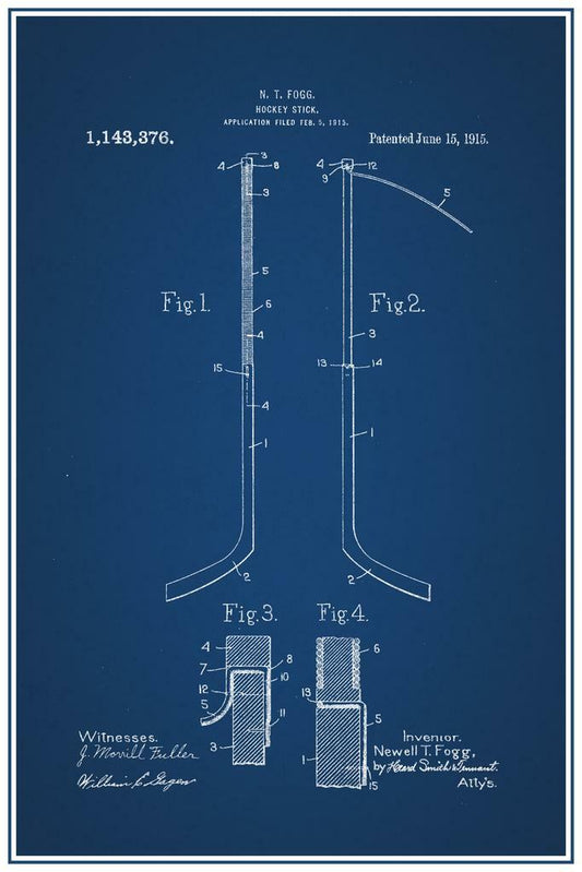 Vintage Hockey Stick Patent Blueprint | 1915 Sports Diagram | Ice Hockey Art Poster - Vintage & Retro Poster