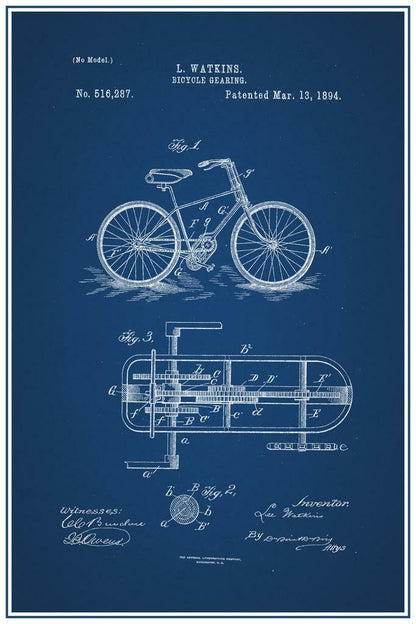 Bicycle Gearing Patent Blueprint | 1892 Cycling Tech Poster | Bike Enthusiast Wall Art - Vintage & Retro Poster