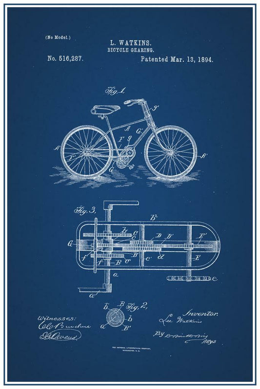 Bicycle Gearing Patent Blueprint | 1892 Cycling Tech Poster | Bike Enthusiast Wall Art - Vintage & Retro Poster